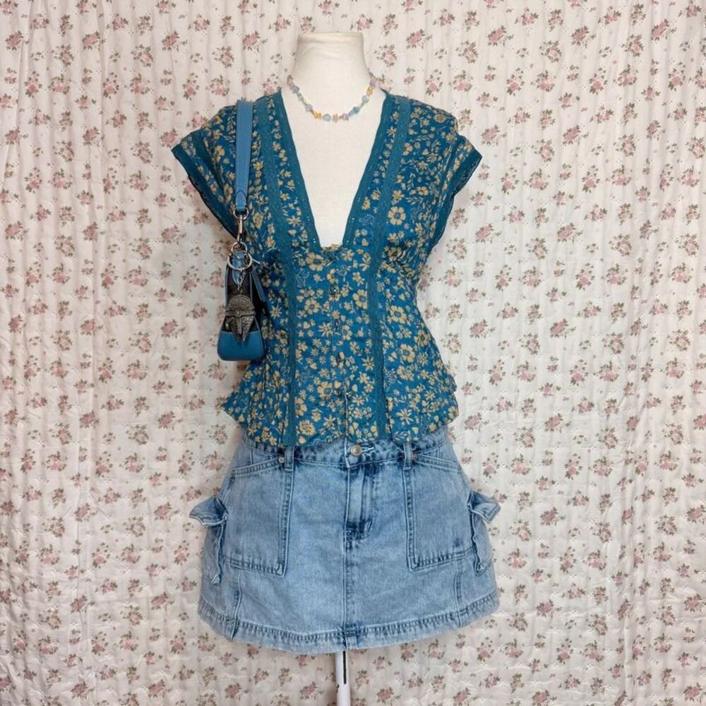 Free People Landy Lace Printed Button Up Top Women’s Small